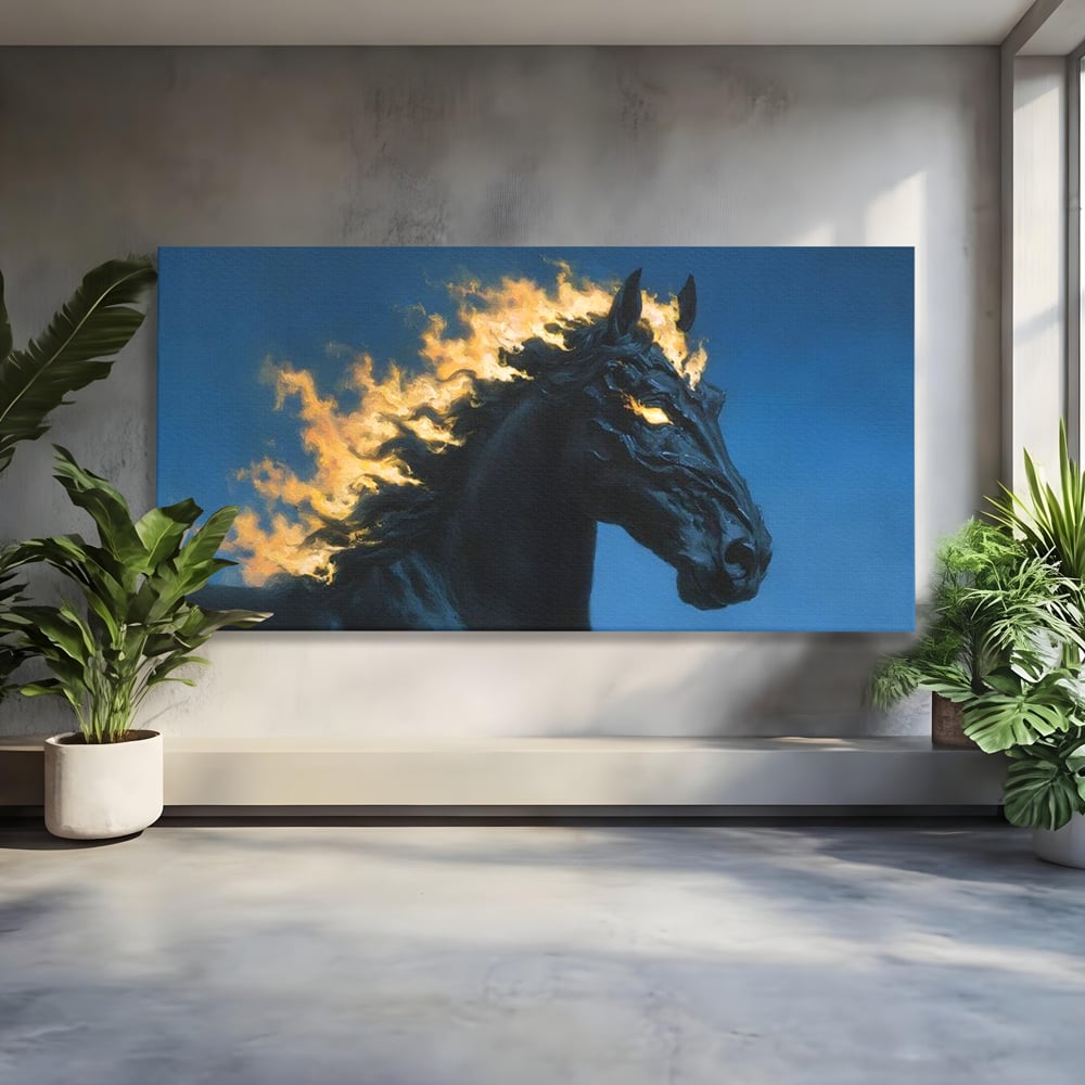 Tablou Canvas Premium, LuxCanva® M1485, Cursa fara Sfarsit, Cal, Armasar, Galop, Flacari, Foc, Mistic, Legenda, Umbra, Dormitor, Birou, Living, Camera Copil