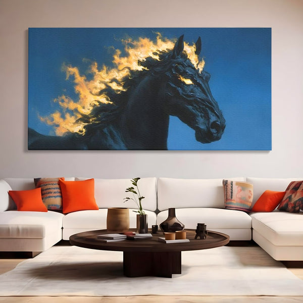Tablou Canvas Premium, LuxCanva® M1485, Cursa fara Sfarsit, Cal, Armasar, Galop, Flacari, Foc, Mistic, Legenda, Umbra, Dormitor, Birou, Living, Camera Copil