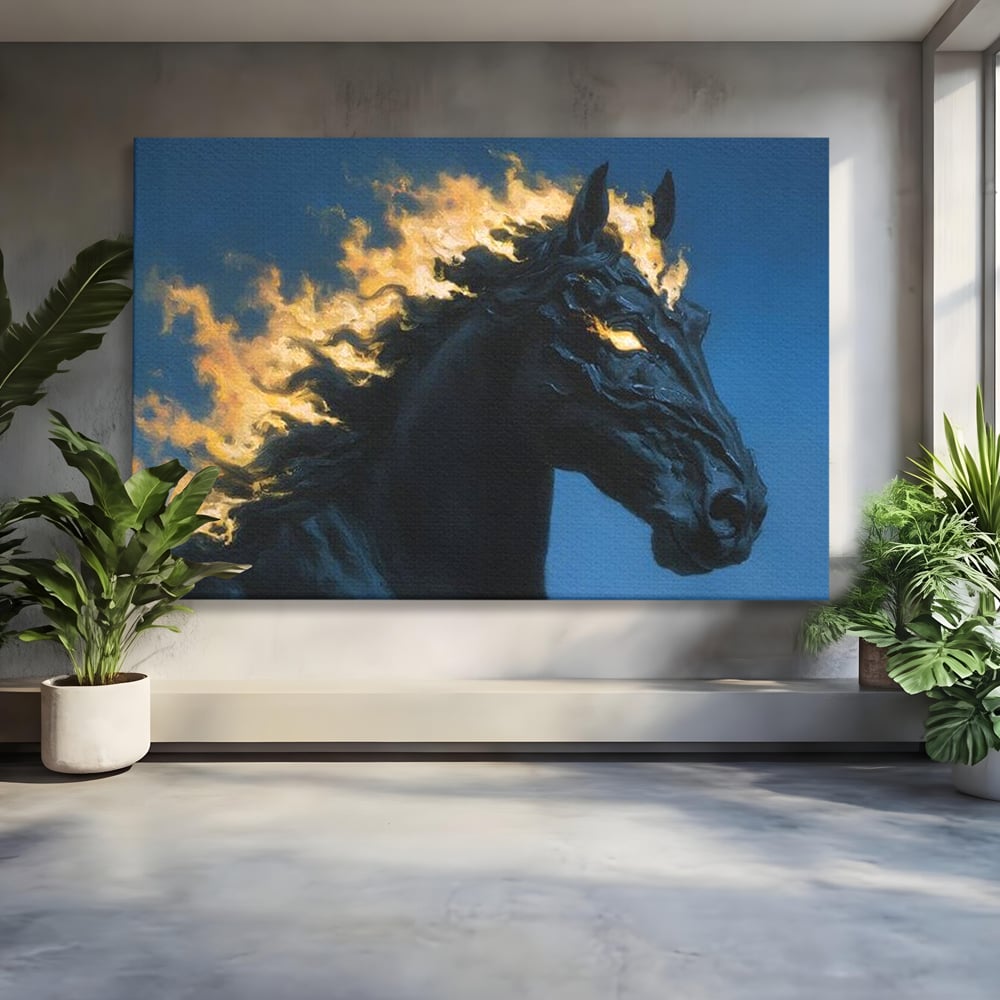 Tablou Canvas Premium, LuxCanva® M1485, Cursa fara Sfarsit, Cal, Armasar, Galop, Flacari, Foc, Mistic, Legenda, Umbra, Dormitor, Birou, Living, Camera Copil