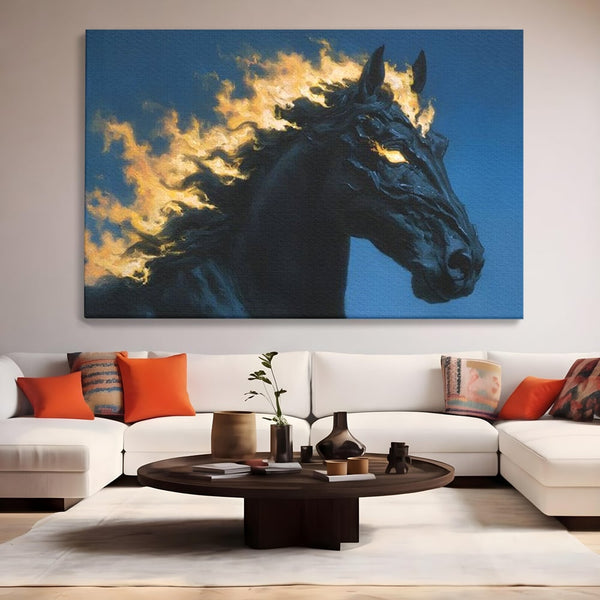 Tablou Canvas Premium, LuxCanva® M1485, Cursa fara Sfarsit, Cal, Armasar, Galop, Flacari, Foc, Mistic, Legenda, Umbra, Dormitor, Birou, Living, Camera Copil