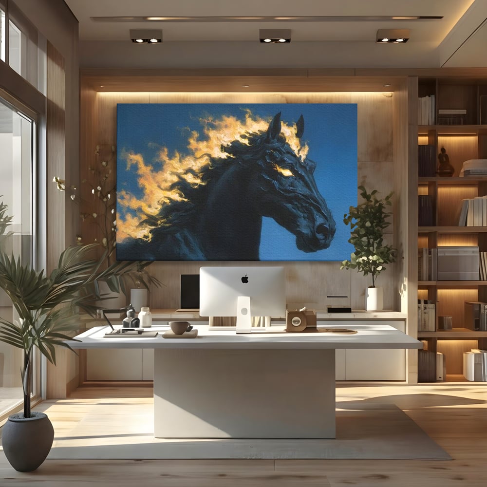 Tablou Canvas Premium, LuxCanva® M1485, Cursa fara Sfarsit, Cal, Armasar, Galop, Flacari, Foc, Mistic, Legenda, Umbra, Dormitor, Birou, Living, Camera Copil