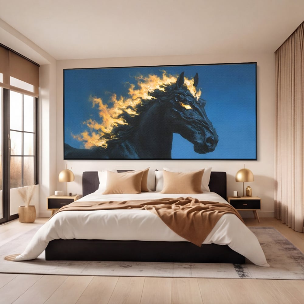 Tablou Canvas Premium, LuxCanva® M1485, Cursa fara Sfarsit, Cal, Armasar, Galop, Flacari, Foc, Mistic, Legenda, Umbra, Dormitor, Birou, Living, Camera Copil