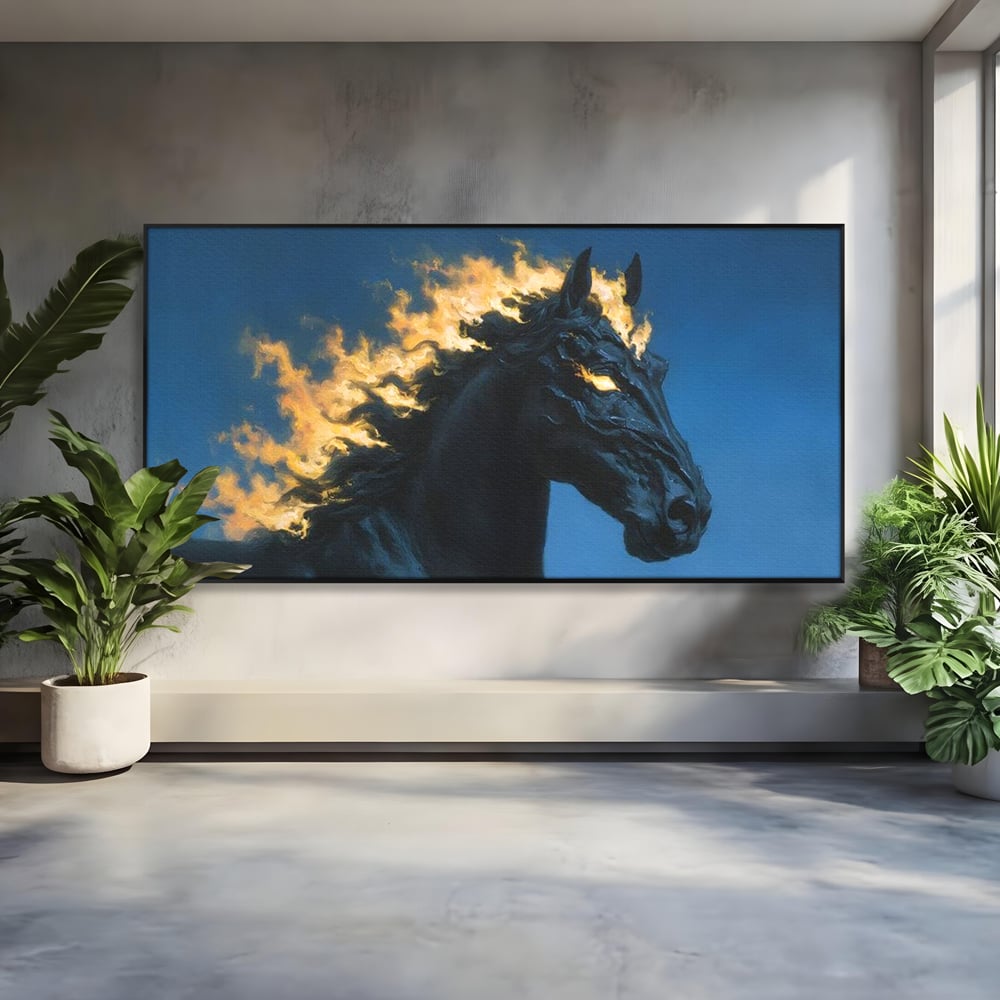 Tablou Canvas Premium, LuxCanva® M1485, Cursa fara Sfarsit, Cal, Armasar, Galop, Flacari, Foc, Mistic, Legenda, Umbra, Dormitor, Birou, Living, Camera Copil