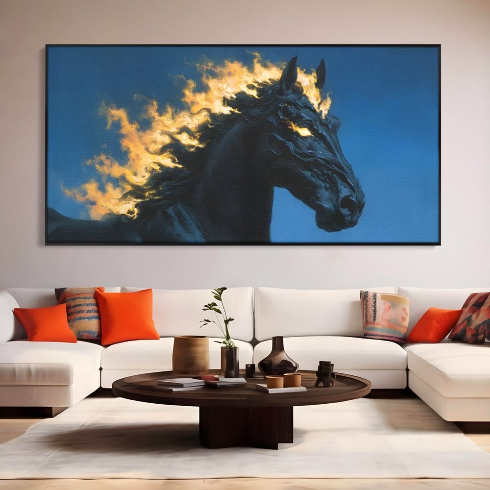 Tablou Canvas Premium, LuxCanva® M1485, Cursa fara Sfarsit, Cal, Armasar, Galop, Flacari, Foc, Mistic, Legenda, Umbra, Dormitor, Birou, Living, Camera Copil