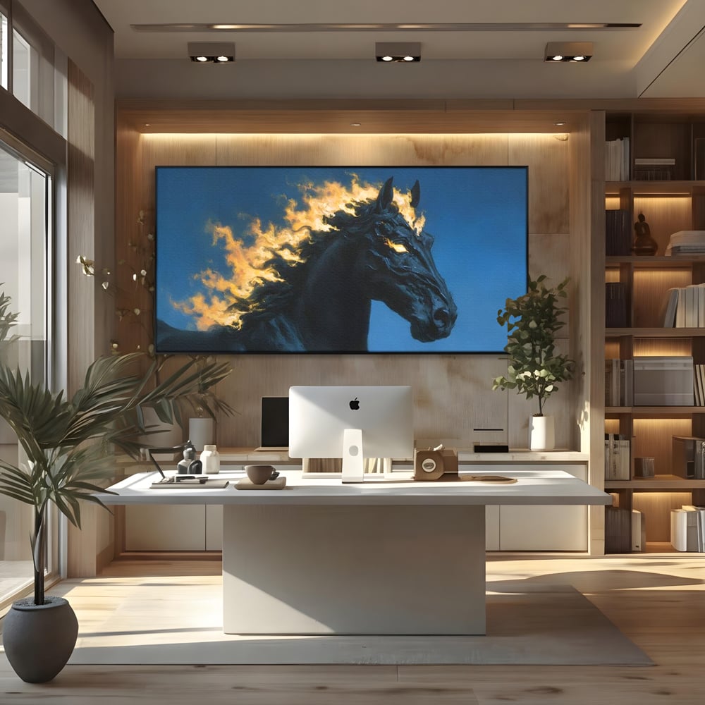 Tablou Canvas Premium, LuxCanva® M1485, Cursa fara Sfarsit, Cal, Armasar, Galop, Flacari, Foc, Mistic, Legenda, Umbra, Dormitor, Birou, Living, Camera Copil
