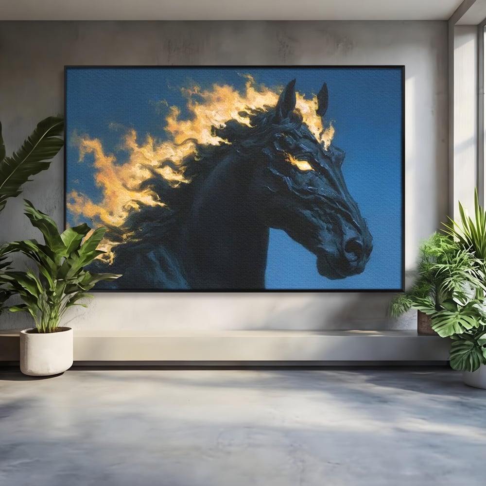 Tablou Canvas Premium, LuxCanva® M1485, Cursa fara Sfarsit, Cal, Armasar, Galop, Flacari, Foc, Mistic, Legenda, Umbra, Dormitor, Birou, Living, Camera Copil