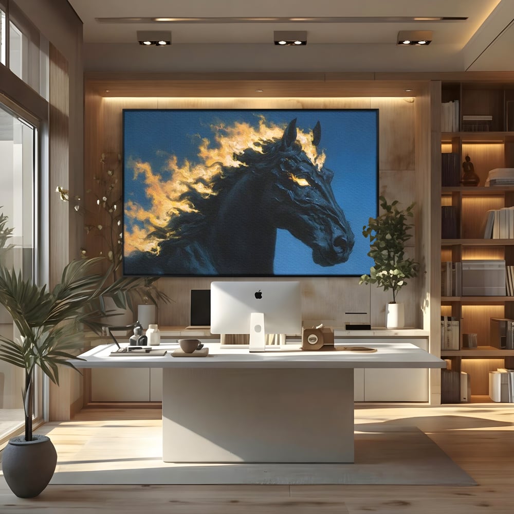 Tablou Canvas Premium, LuxCanva® M1485, Cursa fara Sfarsit, Cal, Armasar, Galop, Flacari, Foc, Mistic, Legenda, Umbra, Dormitor, Birou, Living, Camera Copil
