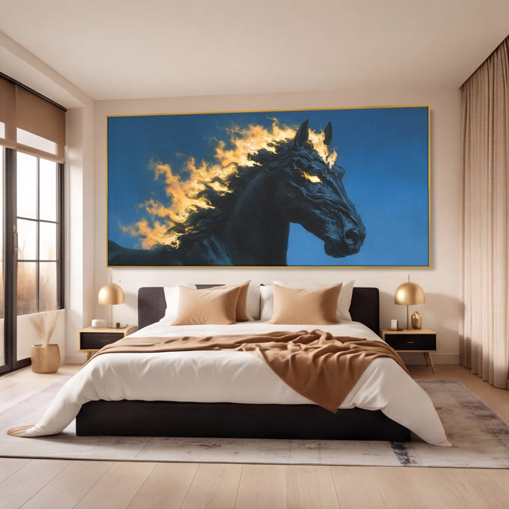 Tablou Canvas Premium, LuxCanva® M1485, Cursa fara Sfarsit, Cal, Armasar, Galop, Flacari, Foc, Mistic, Legenda, Umbra, Dormitor, Birou, Living, Camera Copil