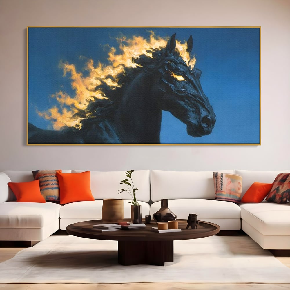 Tablou Canvas Premium, LuxCanva® M1485, Cursa fara Sfarsit, Cal, Armasar, Galop, Flacari, Foc, Mistic, Legenda, Umbra, Dormitor, Birou, Living, Camera Copil