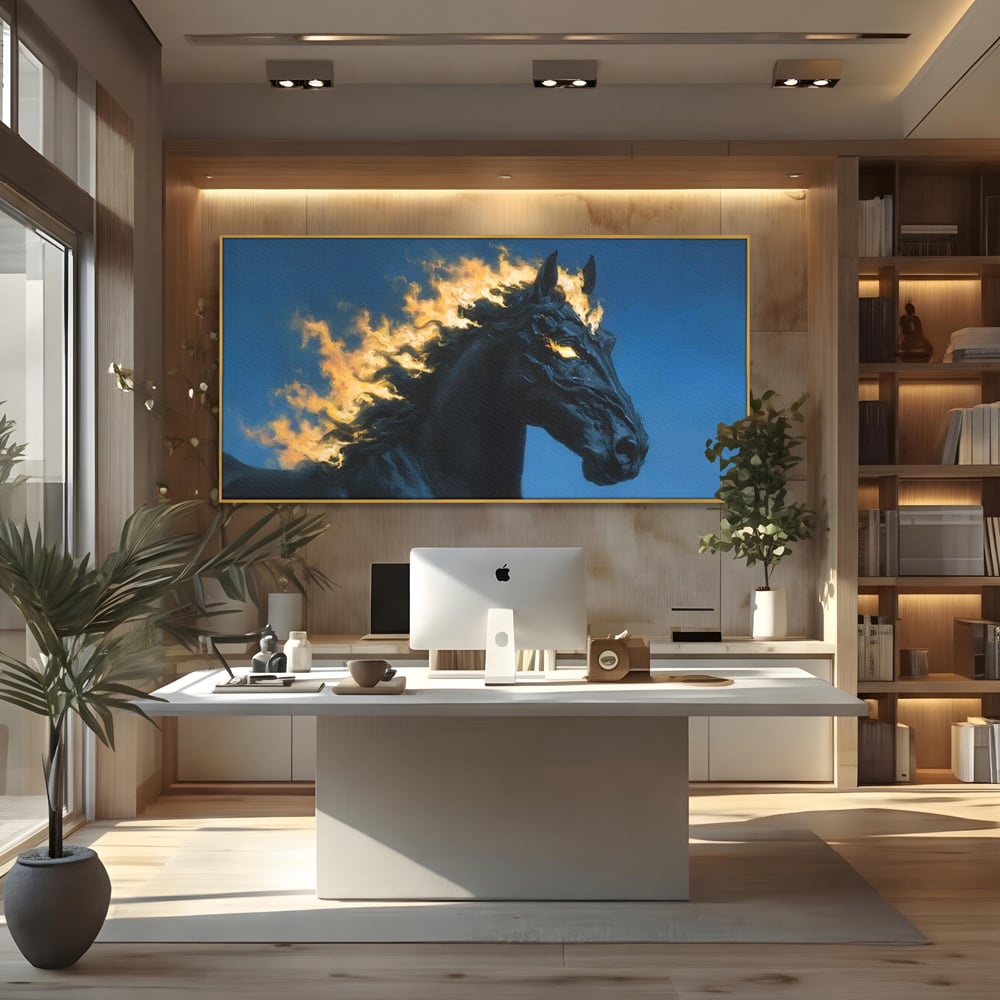 Tablou Canvas Premium, LuxCanva® M1485, Cursa fara Sfarsit, Cal, Armasar, Galop, Flacari, Foc, Mistic, Legenda, Umbra, Dormitor, Birou, Living, Camera Copil