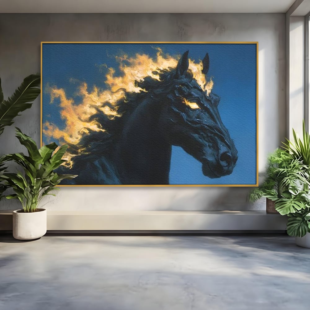 Tablou Canvas Premium, LuxCanva® M1485, Cursa fara Sfarsit, Cal, Armasar, Galop, Flacari, Foc, Mistic, Legenda, Umbra, Dormitor, Birou, Living, Camera Copil
