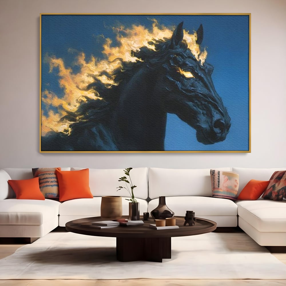 Tablou Canvas Premium, LuxCanva® M1485, Cursa fara Sfarsit, Cal, Armasar, Galop, Flacari, Foc, Mistic, Legenda, Umbra, Dormitor, Birou, Living, Camera Copil