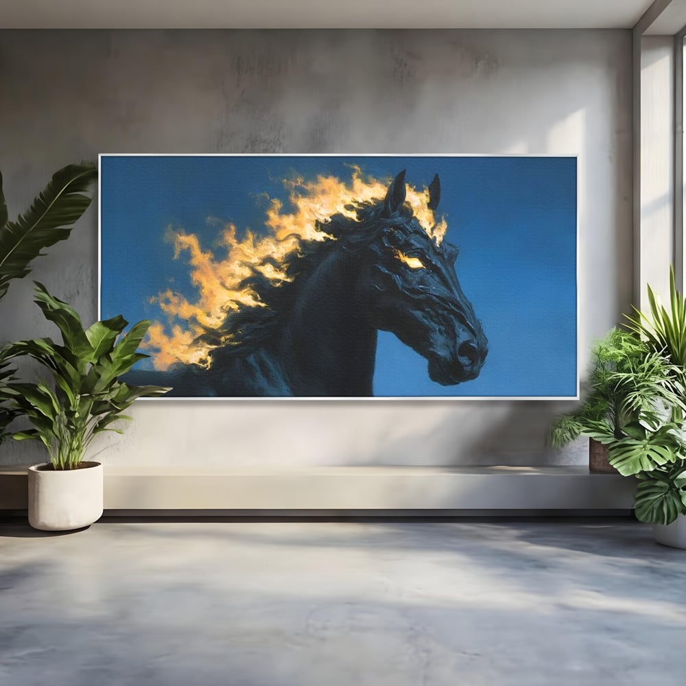Tablou Canvas Premium, LuxCanva® M1485, Cursa fara Sfarsit, Cal, Armasar, Galop, Flacari, Foc, Mistic, Legenda, Umbra, Dormitor, Birou, Living, Camera Copil