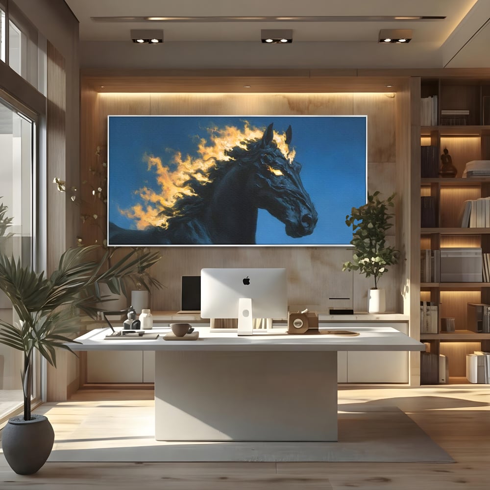 Tablou Canvas Premium, LuxCanva® M1485, Cursa fara Sfarsit, Cal, Armasar, Galop, Flacari, Foc, Mistic, Legenda, Umbra, Dormitor, Birou, Living, Camera Copil