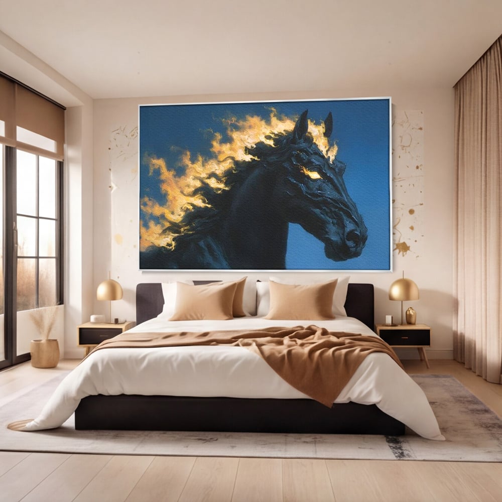 Tablou Canvas Premium, LuxCanva® M1485, Cursa fara Sfarsit, Cal, Armasar, Galop, Flacari, Foc, Mistic, Legenda, Umbra, Dormitor, Birou, Living, Camera Copil