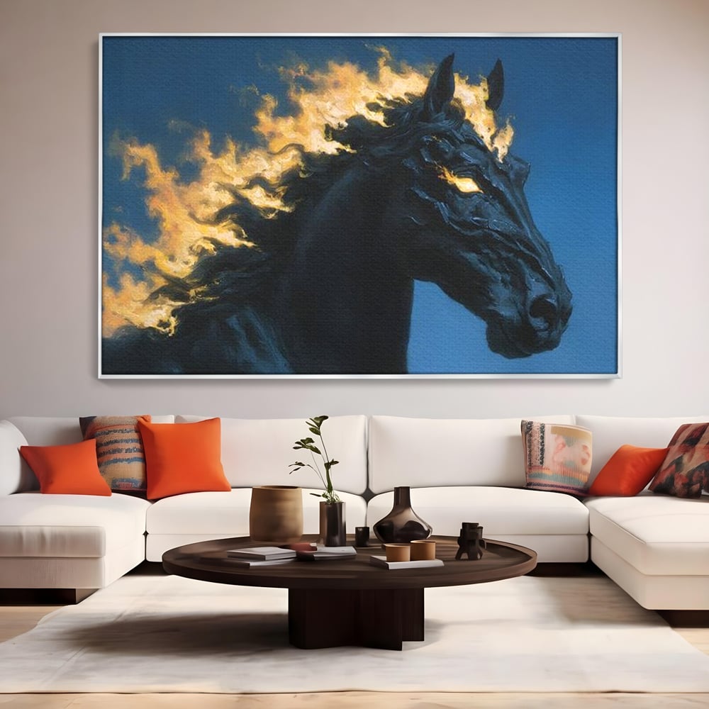Tablou Canvas Premium, LuxCanva® M1485, Cursa fara Sfarsit, Cal, Armasar, Galop, Flacari, Foc, Mistic, Legenda, Umbra, Dormitor, Birou, Living, Camera Copil