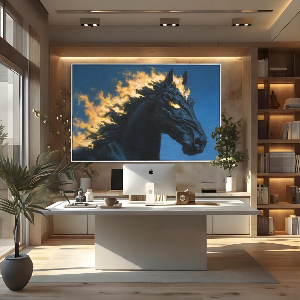 Tablou Canvas Premium, LuxCanva® M1485, Cursa fara Sfarsit, Cal, Armasar, Galop, Flacari, Foc, Mistic, Legenda, Umbra, Dormitor, Birou, Living, Camera Copil