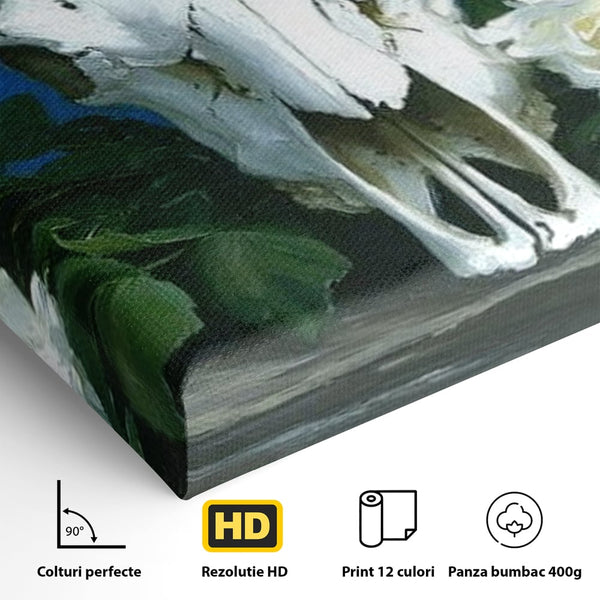 Tablou Canvas Premium, LuxCanva® M1486, Tacerea Florilor Albe, Trandafiri, Coarne, Schelet, Craniu, Animal, Gotic, Ritual, Arta, Dormitor, Birou, Living, Camera Copil