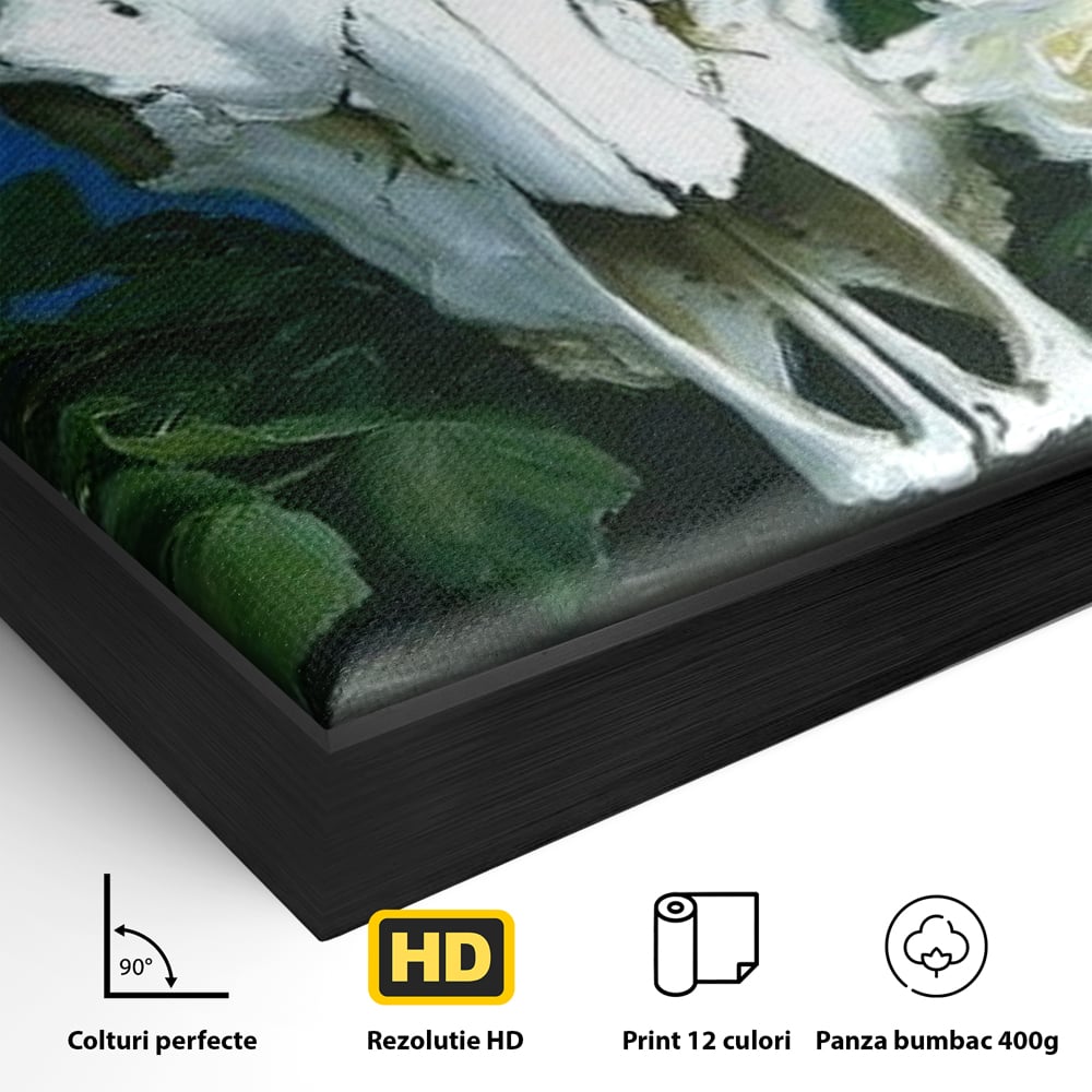 Tablou Canvas Premium, LuxCanva® M1486, Tacerea Florilor Albe, Trandafiri, Coarne, Schelet, Craniu, Animal, Gotic, Ritual, Arta, Dormitor, Birou, Living, Camera Copil