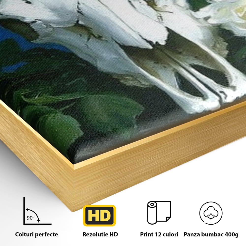 Tablou Canvas Premium, LuxCanva® M1486, Tacerea Florilor Albe, Trandafiri, Coarne, Schelet, Craniu, Animal, Gotic, Ritual, Arta, Dormitor, Birou, Living, Camera Copil