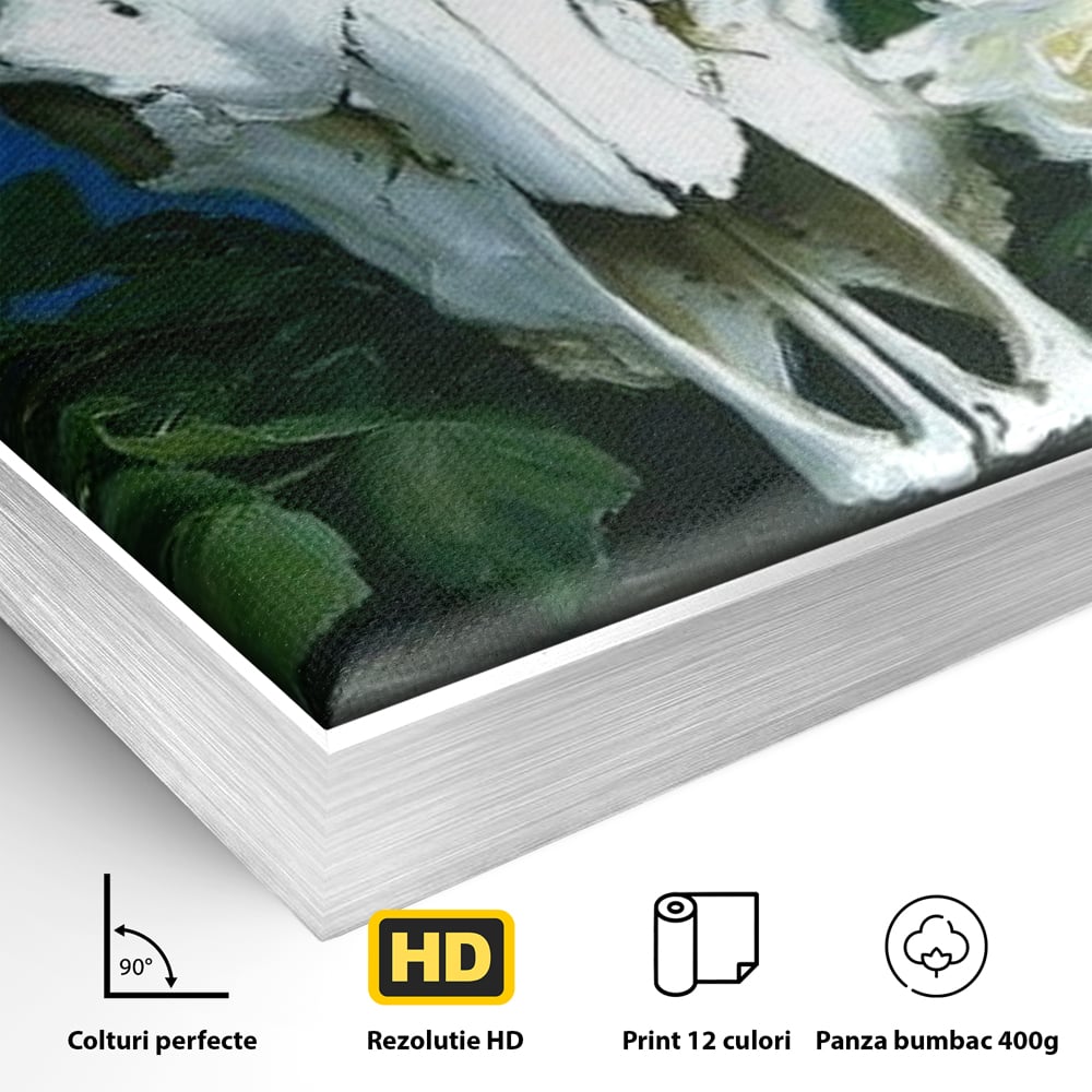 Tablou Canvas Premium, LuxCanva® M1486, Tacerea Florilor Albe, Trandafiri, Coarne, Schelet, Craniu, Animal, Gotic, Ritual, Arta, Dormitor, Birou, Living, Camera Copil