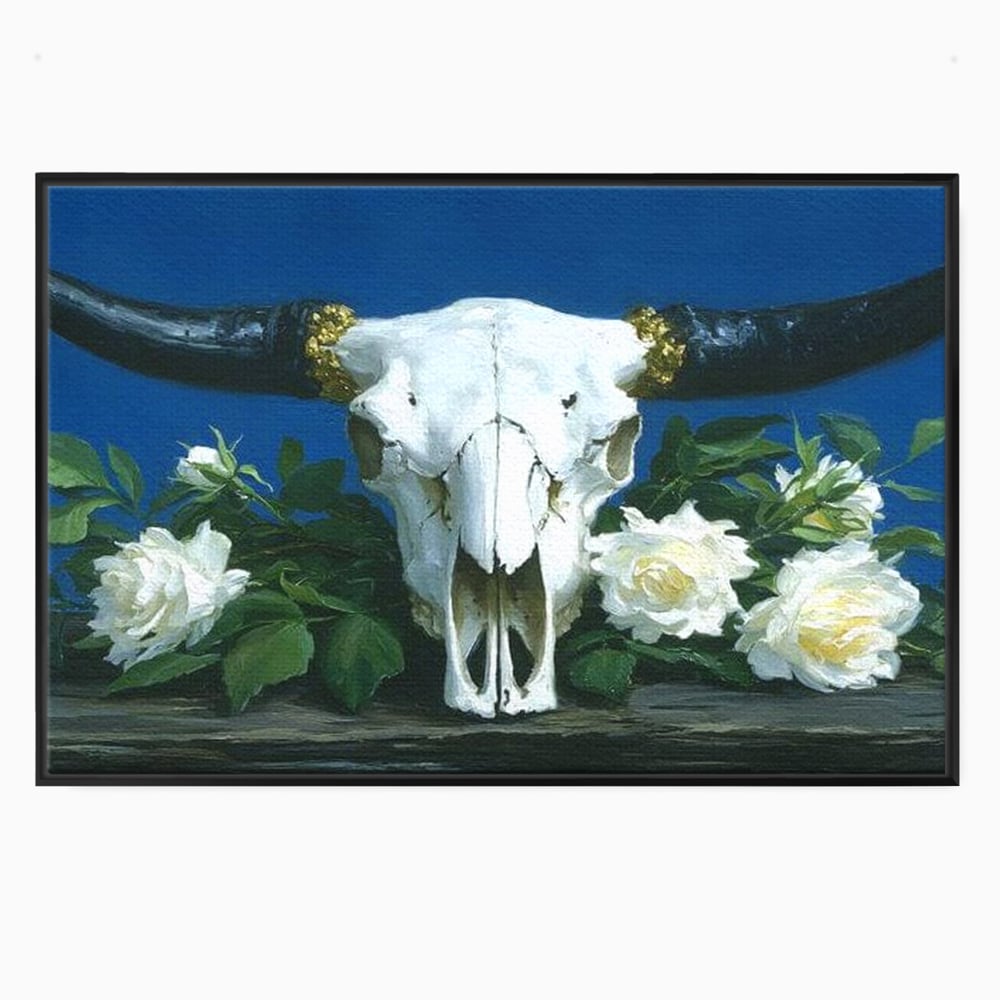 Tablou Canvas Premium, LuxCanva® M1486, Tacerea Florilor Albe, Trandafiri, Coarne, Schelet, Craniu, Animal, Gotic, Ritual, Arta, Dormitor, Birou, Living, Camera Copil