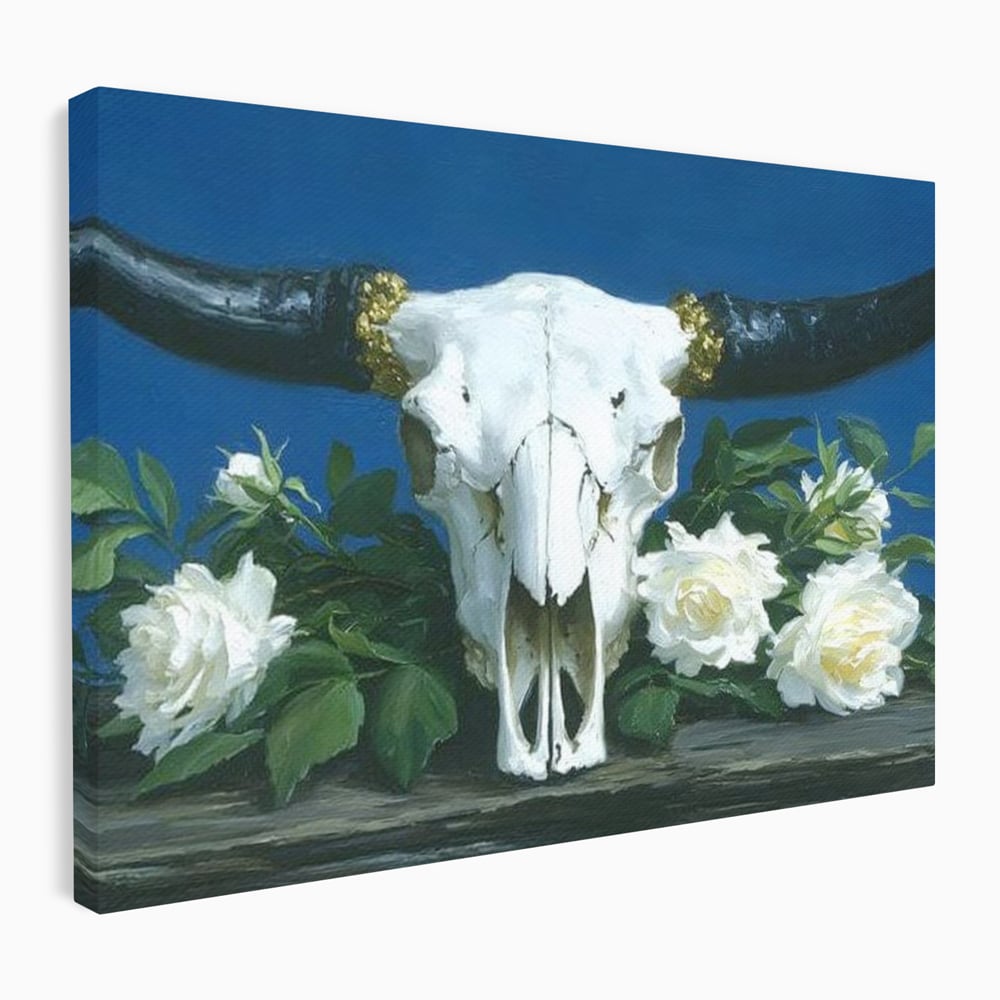 Tablou Canvas Premium, LuxCanva® M1486, Tacerea Florilor Albe, Trandafiri, Coarne, Schelet, Craniu, Animal, Gotic, Ritual, Arta, Dormitor, Birou, Living, Camera Copil