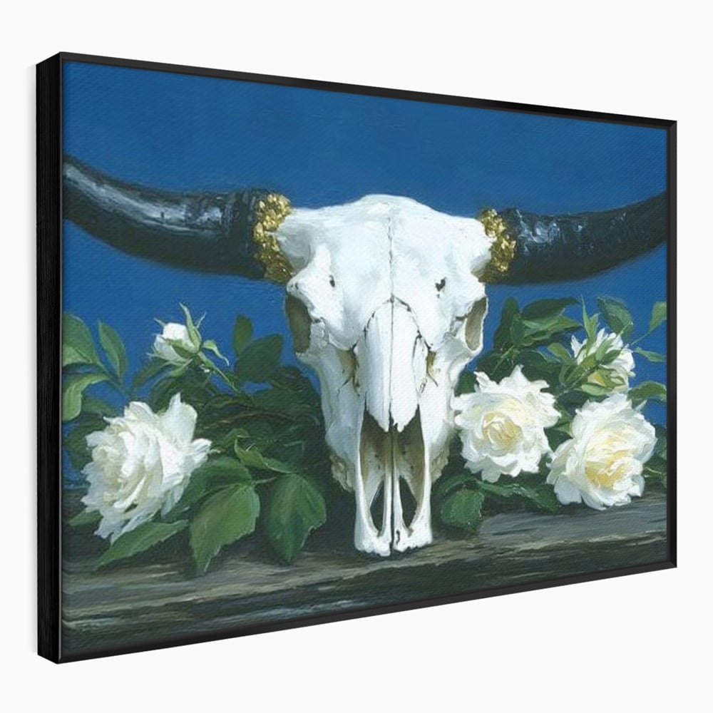 Tablou Canvas Premium, LuxCanva® M1486, Tacerea Florilor Albe, Trandafiri, Coarne, Schelet, Craniu, Animal, Gotic, Ritual, Arta, Dormitor, Birou, Living, Camera Copil
