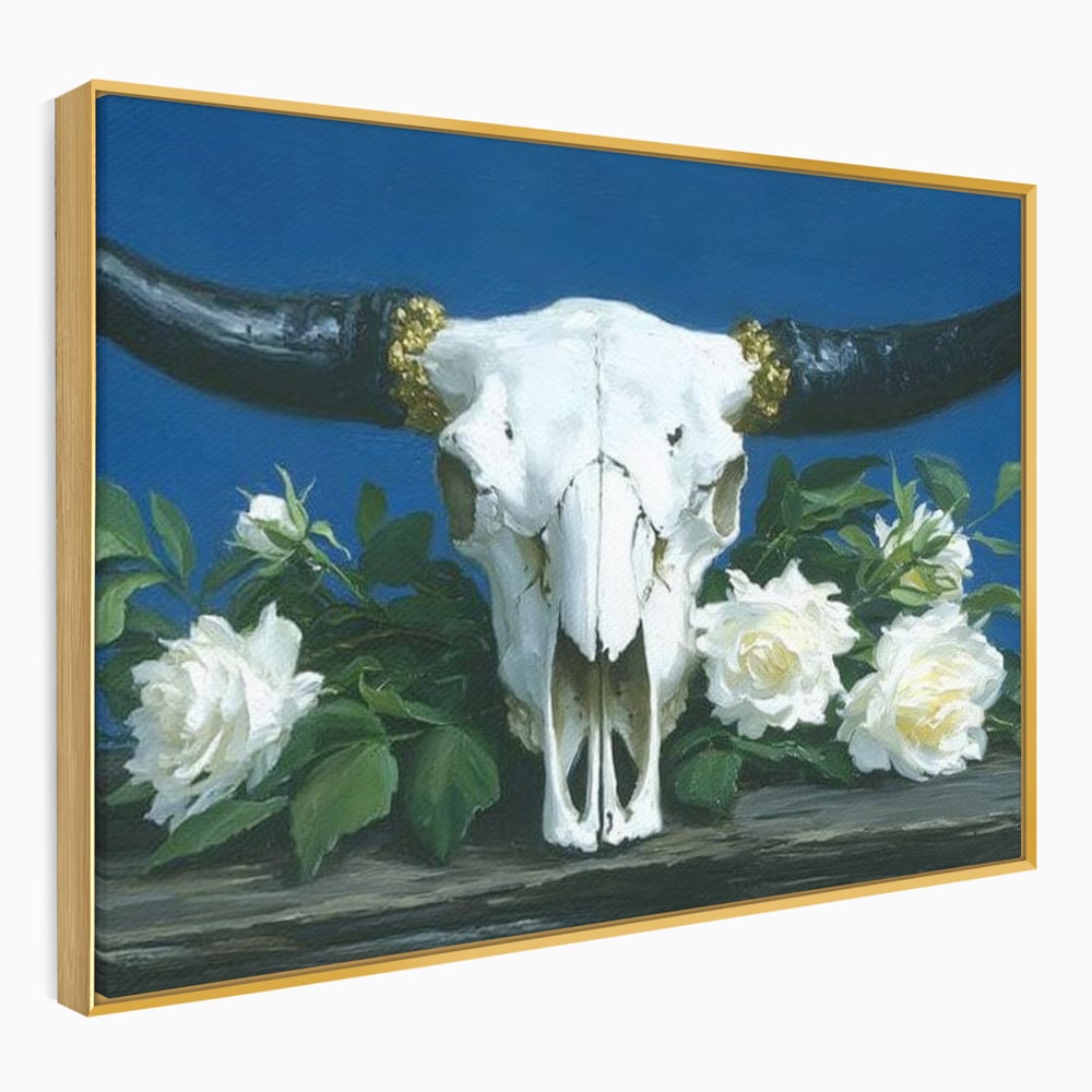 Tablou Canvas Premium, LuxCanva® M1486, Tacerea Florilor Albe, Trandafiri, Coarne, Schelet, Craniu, Animal, Gotic, Ritual, Arta, Dormitor, Birou, Living, Camera Copil