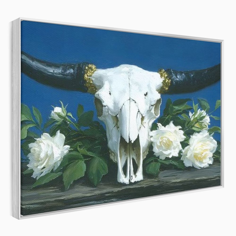 Tablou Canvas Premium, LuxCanva® M1486, Tacerea Florilor Albe, Trandafiri, Coarne, Schelet, Craniu, Animal, Gotic, Ritual, Arta, Dormitor, Birou, Living, Camera Copil