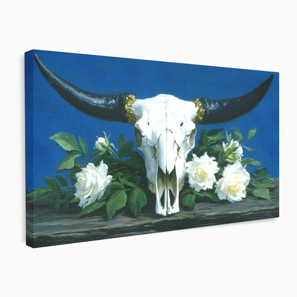 Tablou Canvas Premium, LuxCanva® M1486, Tacerea Florilor Albe, Trandafiri, Coarne, Schelet, Craniu, Animal, Gotic, Ritual, Arta, Dormitor, Birou, Living, Camera Copil