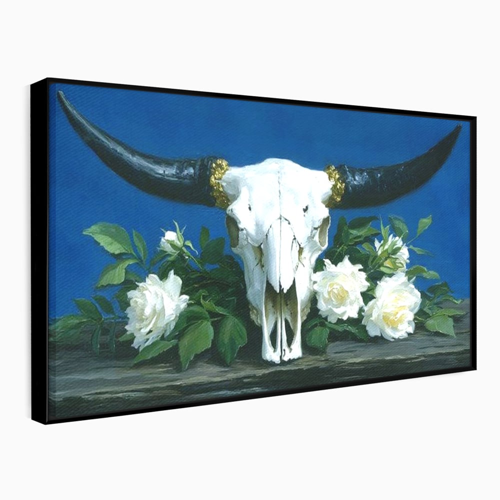 Tablou Canvas Premium, LuxCanva® M1486, Tacerea Florilor Albe, Trandafiri, Coarne, Schelet, Craniu, Animal, Gotic, Ritual, Arta, Dormitor, Birou, Living, Camera Copil