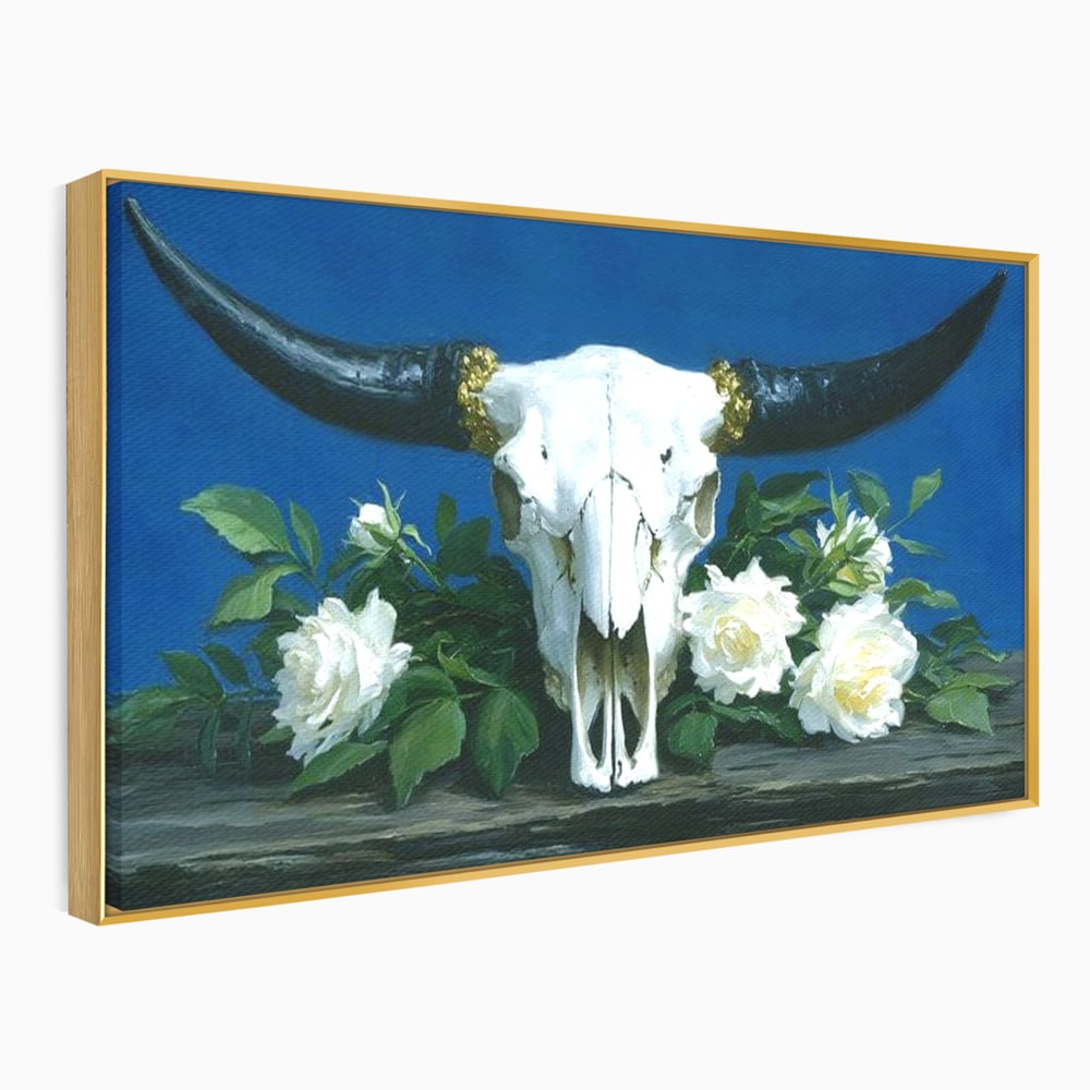 Tablou Canvas Premium, LuxCanva® M1486, Tacerea Florilor Albe, Trandafiri, Coarne, Schelet, Craniu, Animal, Gotic, Ritual, Arta, Dormitor, Birou, Living, Camera Copil