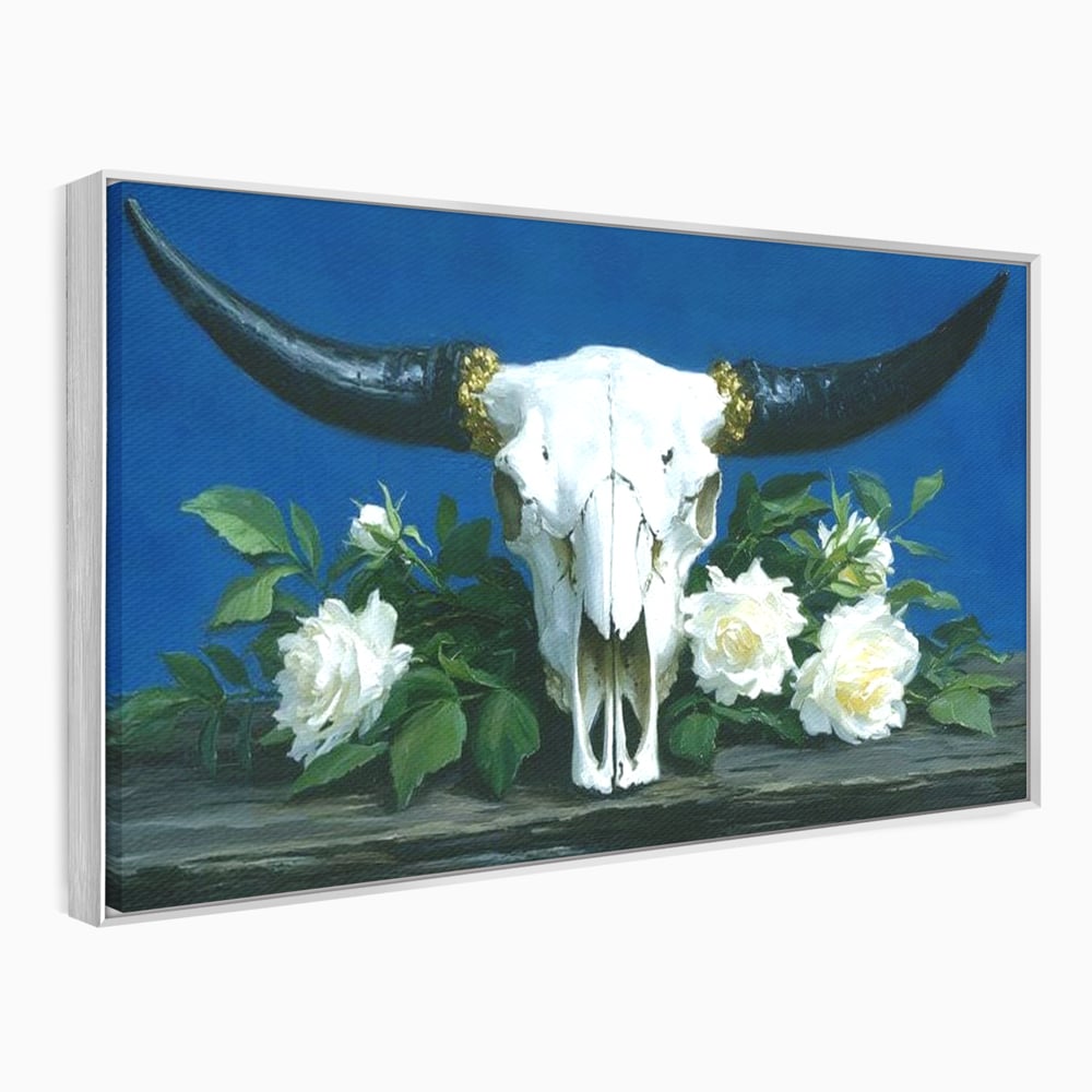 Tablou Canvas Premium, LuxCanva® M1486, Tacerea Florilor Albe, Trandafiri, Coarne, Schelet, Craniu, Animal, Gotic, Ritual, Arta, Dormitor, Birou, Living, Camera Copil