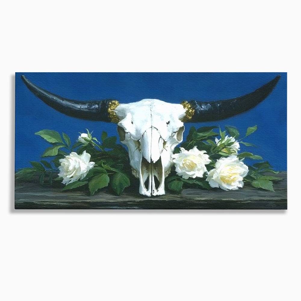 Tablou Canvas Premium, LuxCanva® M1486, Tacerea Florilor Albe, Trandafiri, Coarne, Schelet, Craniu, Animal, Gotic, Ritual, Arta, Dormitor, Birou, Living, Camera Copil