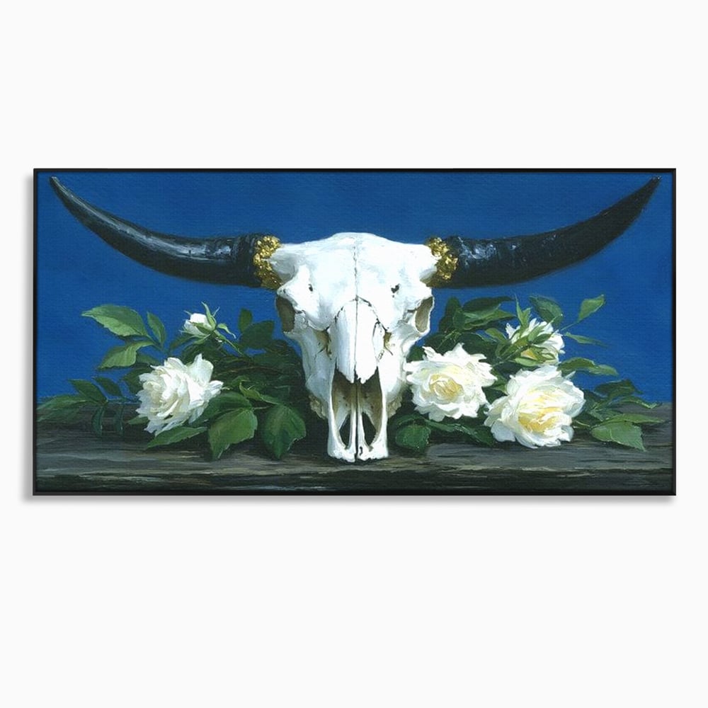 Tablou Canvas Premium, LuxCanva® M1486, Tacerea Florilor Albe, Trandafiri, Coarne, Schelet, Craniu, Animal, Gotic, Ritual, Arta, Dormitor, Birou, Living, Camera Copil