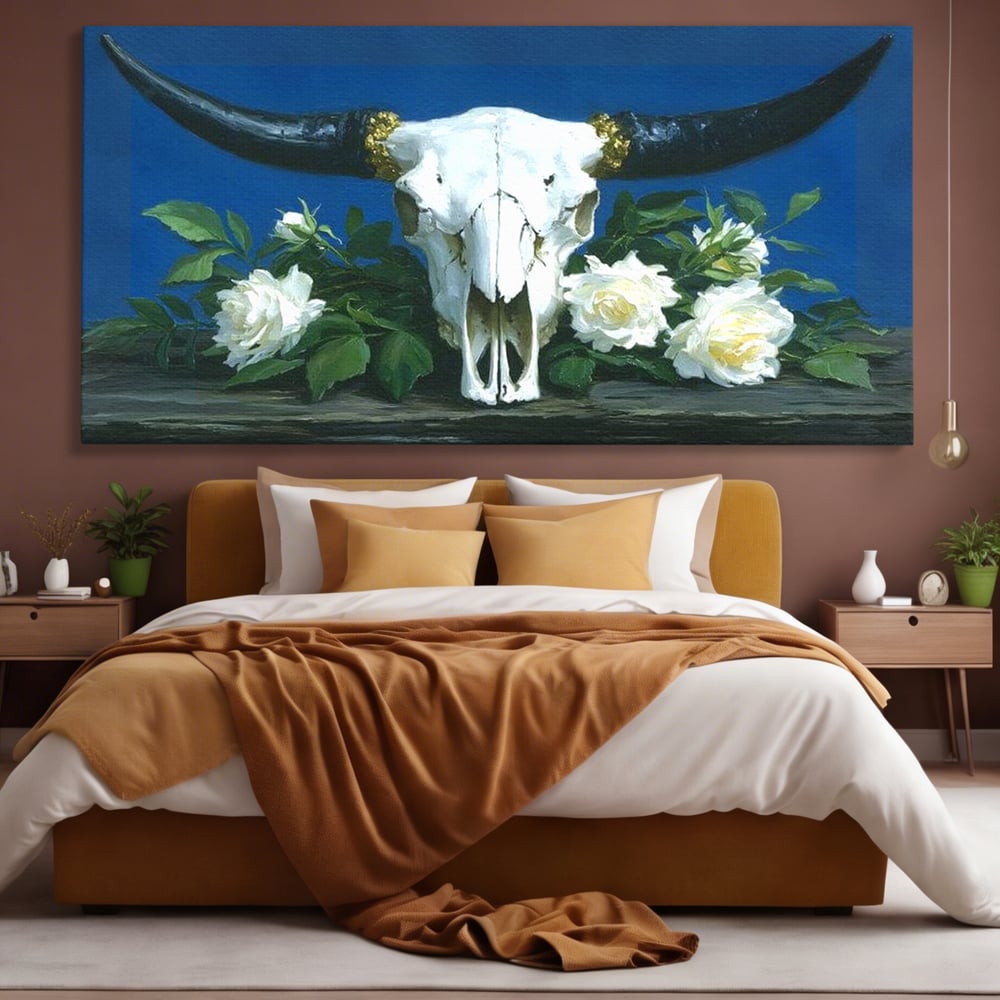 Tablou Canvas Premium, LuxCanva® M1486, Tacerea Florilor Albe, Trandafiri, Coarne, Schelet, Craniu, Animal, Gotic, Ritual, Arta, Dormitor, Birou, Living, Camera Copil