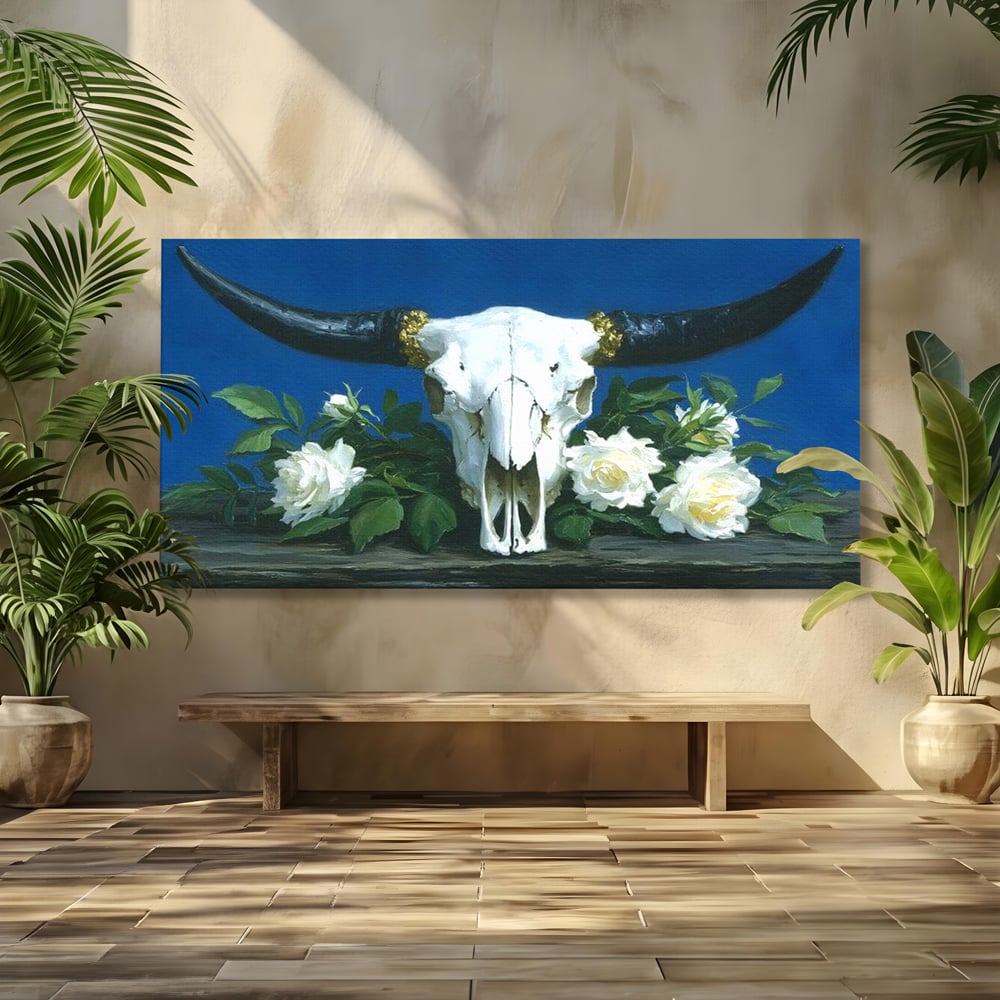 Tablou Canvas Premium, LuxCanva® M1486, Tacerea Florilor Albe, Trandafiri, Coarne, Schelet, Craniu, Animal, Gotic, Ritual, Arta, Dormitor, Birou, Living, Camera Copil