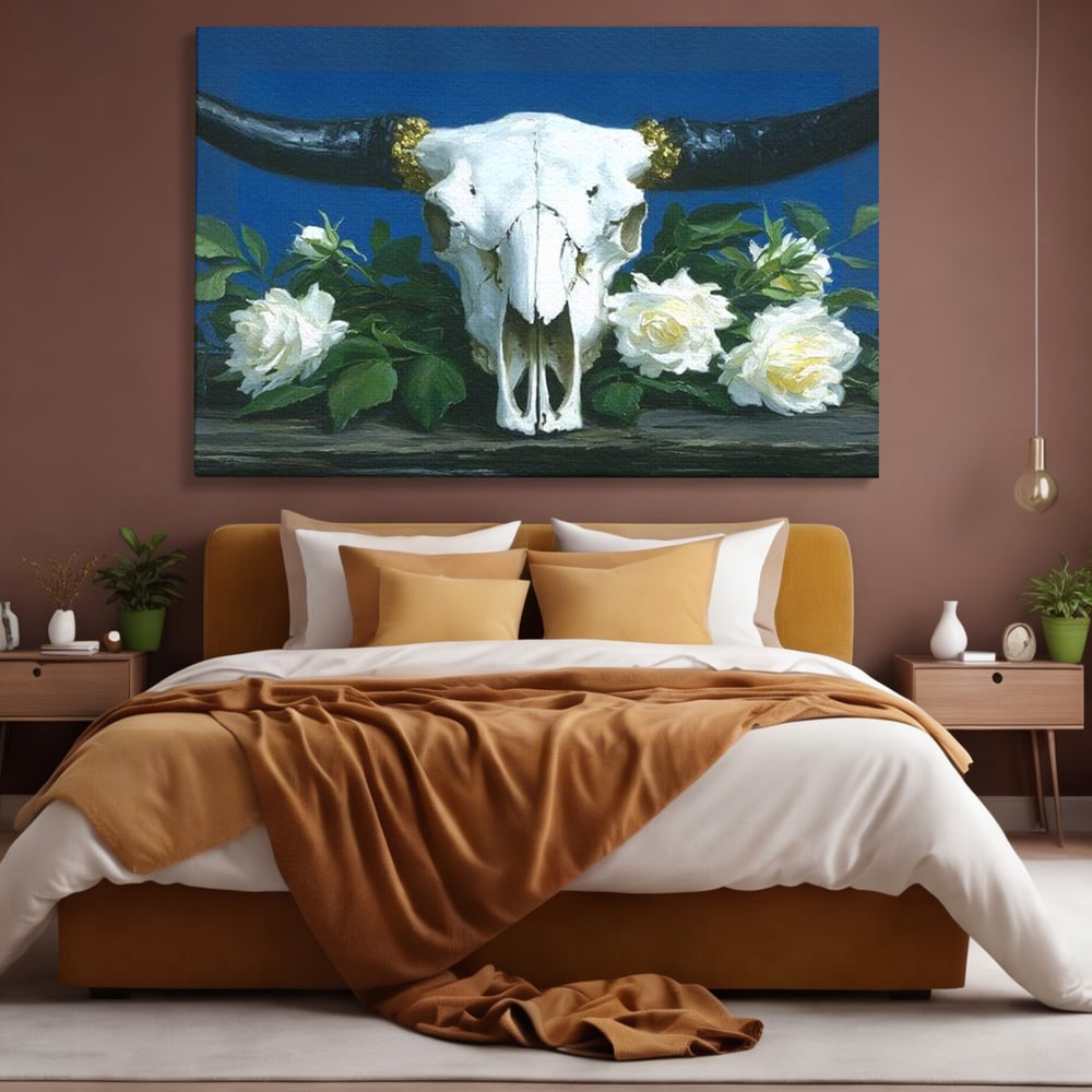 Tablou Canvas Premium, LuxCanva® M1486, Tacerea Florilor Albe, Trandafiri, Coarne, Schelet, Craniu, Animal, Gotic, Ritual, Arta, Dormitor, Birou, Living, Camera Copil