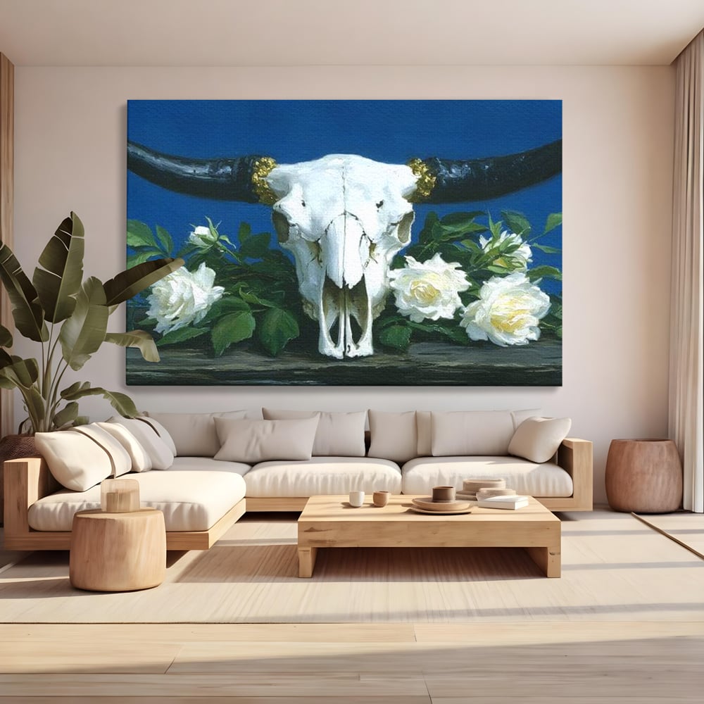 Tablou Canvas Premium, LuxCanva® M1486, Tacerea Florilor Albe, Trandafiri, Coarne, Schelet, Craniu, Animal, Gotic, Ritual, Arta, Dormitor, Birou, Living, Camera Copil