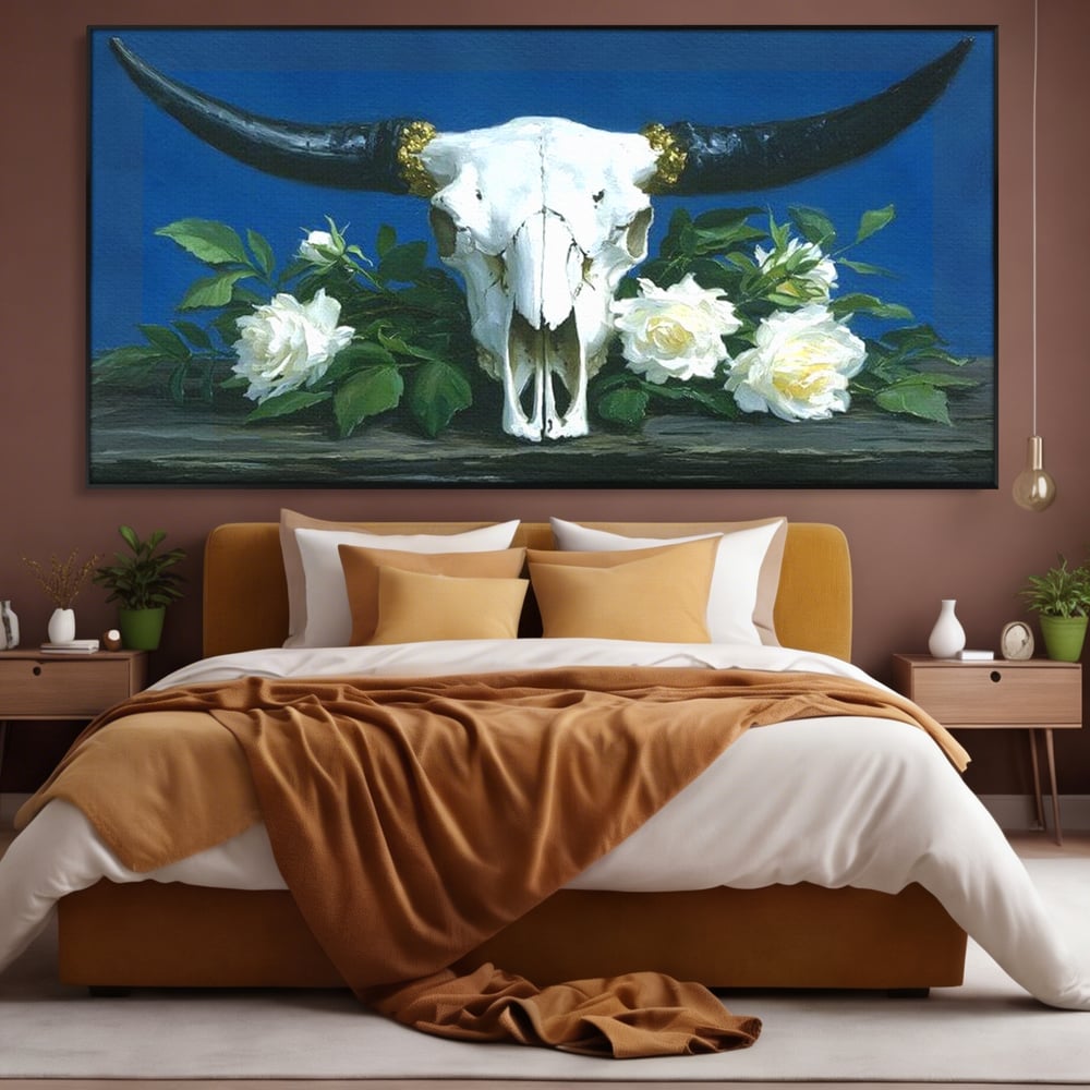 Tablou Canvas Premium, LuxCanva® M1486, Tacerea Florilor Albe, Trandafiri, Coarne, Schelet, Craniu, Animal, Gotic, Ritual, Arta, Dormitor, Birou, Living, Camera Copil