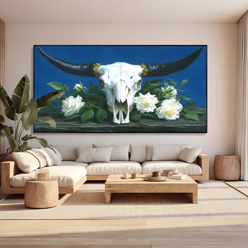 Tablou Canvas Premium, LuxCanva® M1486, Tacerea Florilor Albe, Trandafiri, Coarne, Schelet, Craniu, Animal, Gotic, Ritual, Arta, Dormitor, Birou, Living, Camera Copil