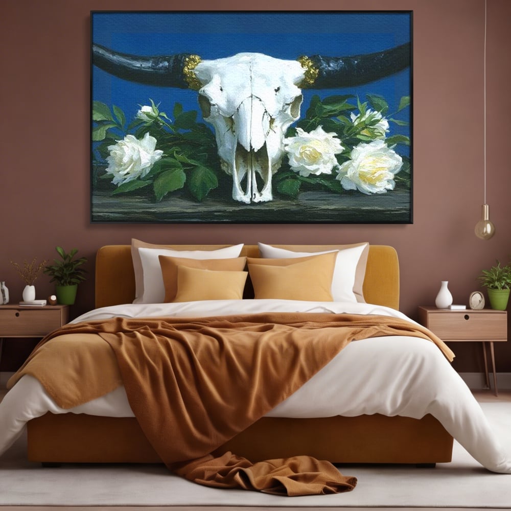 Tablou Canvas Premium, LuxCanva® M1486, Tacerea Florilor Albe, Trandafiri, Coarne, Schelet, Craniu, Animal, Gotic, Ritual, Arta, Dormitor, Birou, Living, Camera Copil