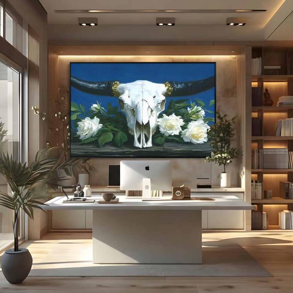 Tablou Canvas Premium, LuxCanva® M1486, Tacerea Florilor Albe, Trandafiri, Coarne, Schelet, Craniu, Animal, Gotic, Ritual, Arta, Dormitor, Birou, Living, Camera Copil