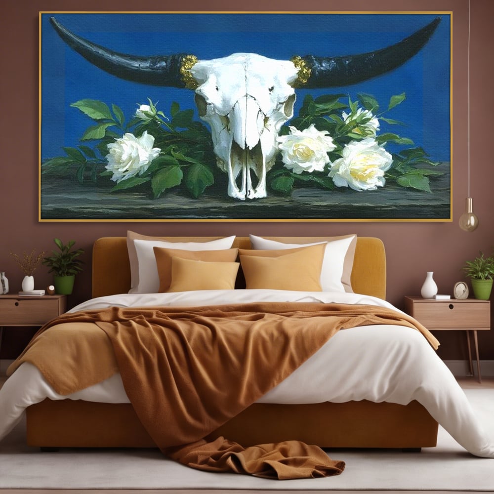 Tablou Canvas Premium, LuxCanva® M1486, Tacerea Florilor Albe, Trandafiri, Coarne, Schelet, Craniu, Animal, Gotic, Ritual, Arta, Dormitor, Birou, Living, Camera Copil