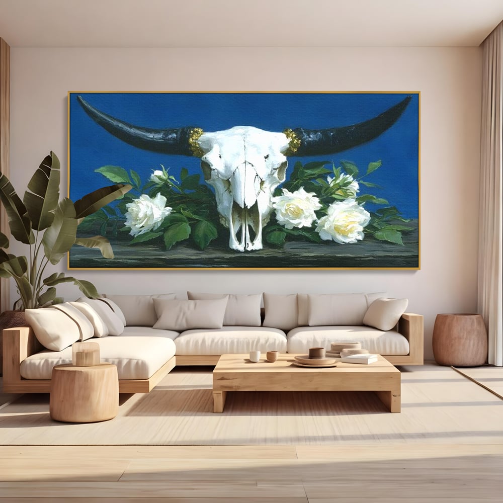 Tablou Canvas Premium, LuxCanva® M1486, Tacerea Florilor Albe, Trandafiri, Coarne, Schelet, Craniu, Animal, Gotic, Ritual, Arta, Dormitor, Birou, Living, Camera Copil