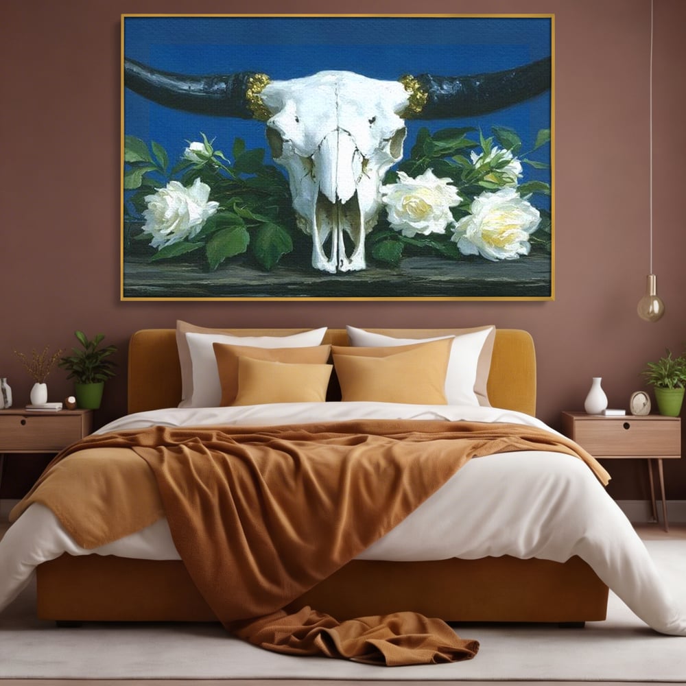 Tablou Canvas Premium, LuxCanva® M1486, Tacerea Florilor Albe, Trandafiri, Coarne, Schelet, Craniu, Animal, Gotic, Ritual, Arta, Dormitor, Birou, Living, Camera Copil