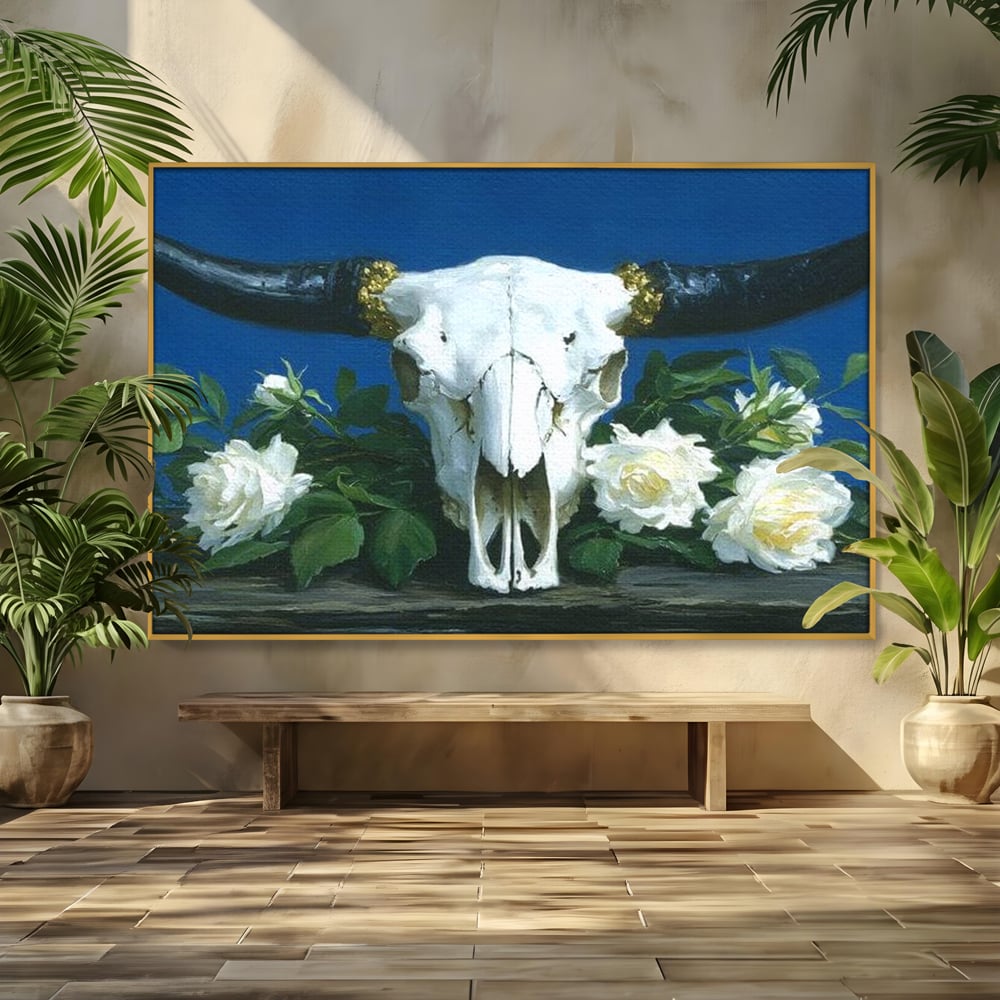 Tablou Canvas Premium, LuxCanva® M1486, Tacerea Florilor Albe, Trandafiri, Coarne, Schelet, Craniu, Animal, Gotic, Ritual, Arta, Dormitor, Birou, Living, Camera Copil