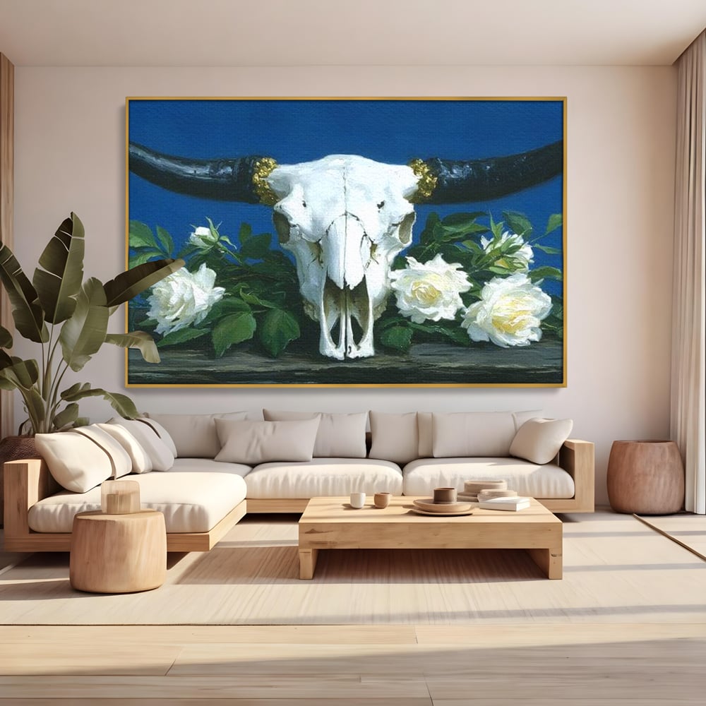 Tablou Canvas Premium, LuxCanva® M1486, Tacerea Florilor Albe, Trandafiri, Coarne, Schelet, Craniu, Animal, Gotic, Ritual, Arta, Dormitor, Birou, Living, Camera Copil
