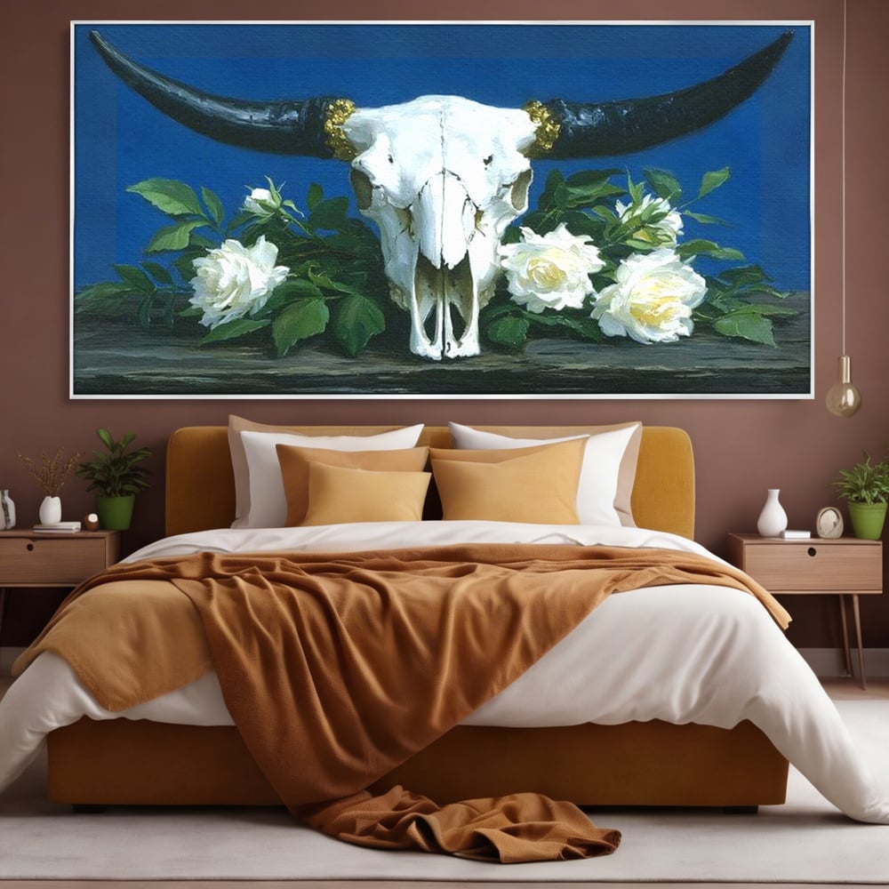Tablou Canvas Premium, LuxCanva® M1486, Tacerea Florilor Albe, Trandafiri, Coarne, Schelet, Craniu, Animal, Gotic, Ritual, Arta, Dormitor, Birou, Living, Camera Copil